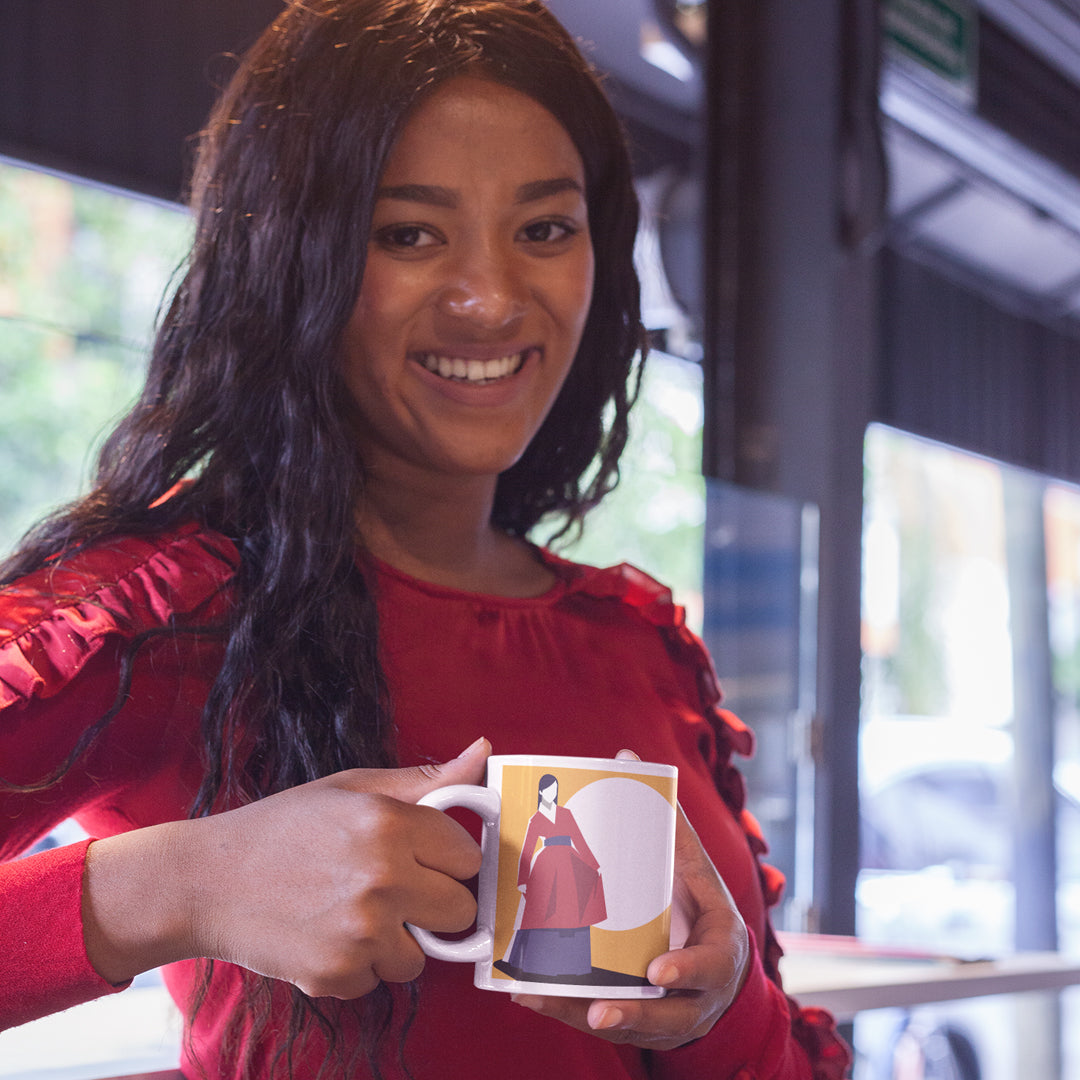 Woman in Red Korean Hanbok with a Blue Sash Abstract Mug