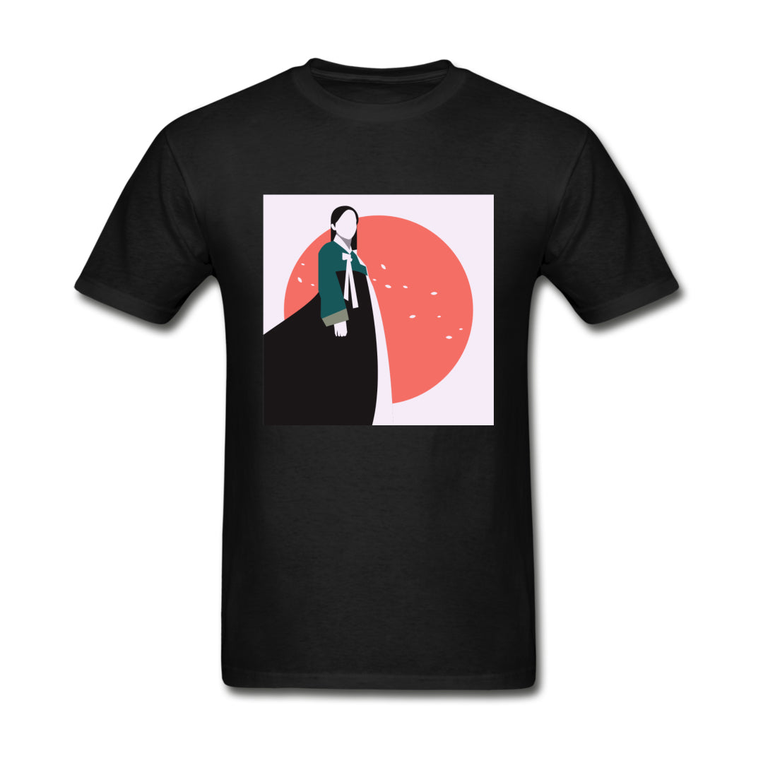 Woman in Korean Hanbok with Petals and Pink Sun Abstract- Unisex Ultra Cotton Adult T-Shirt