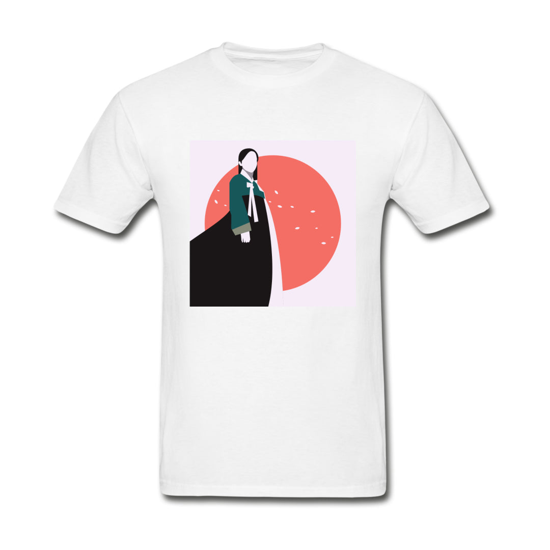 Woman in Korean Hanbok with Petals and Pink Sun Abstract- Unisex Ultra Cotton Adult T-Shirt