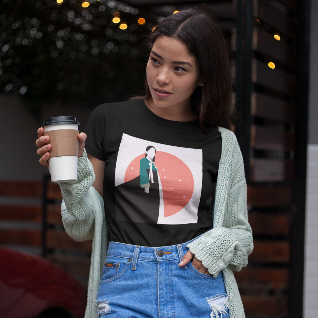 Woman in Korean Hanbok with Petals and Pink Sun Abstract- Unisex Ultra Cotton Adult T-Shirt