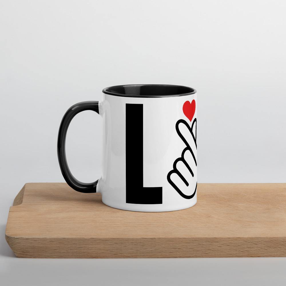 Korean Panoramic LOVE with Finger Heart Gesture- Coffee Tea Mug with Color Inside - Hot Like Kimchi