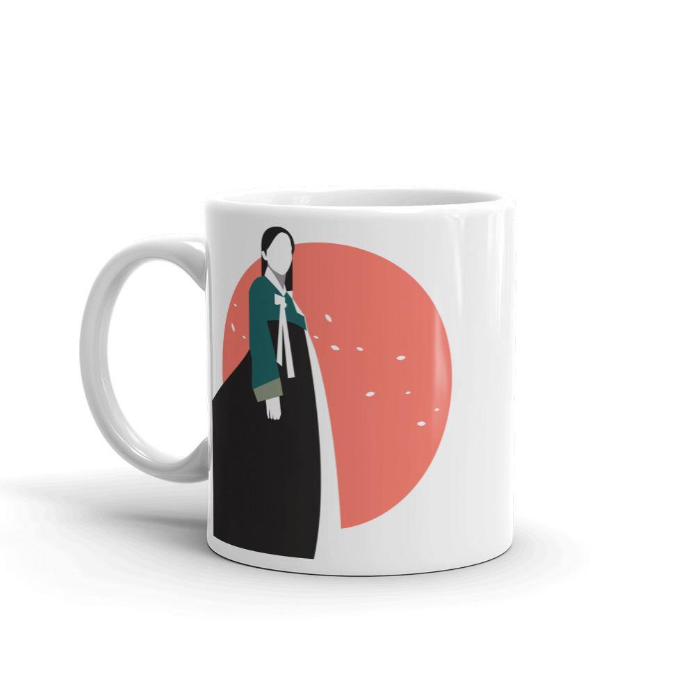 Woman in Korean Hanbok with Petals and Pink Sun Abstract Mug - Hot Like Kimchi