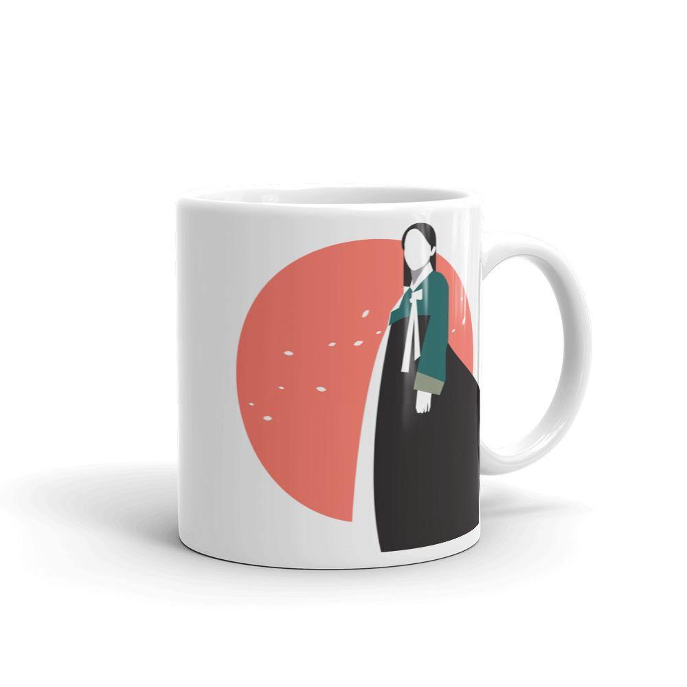 Woman in Korean Hanbok with Petals and Pink Sun Abstract Mug - Hot Like Kimchi