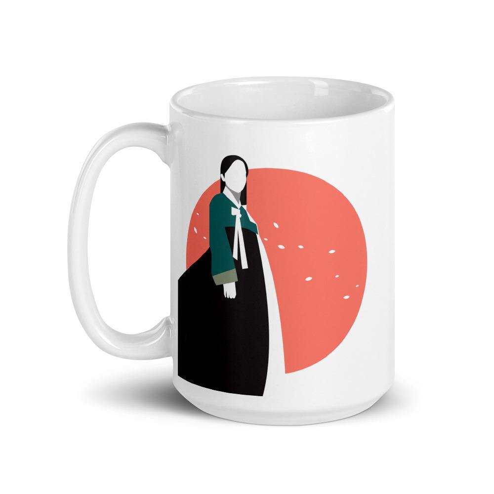 Woman in Korean Hanbok with Petals and Pink Sun Abstract Mug - Hot Like Kimchi