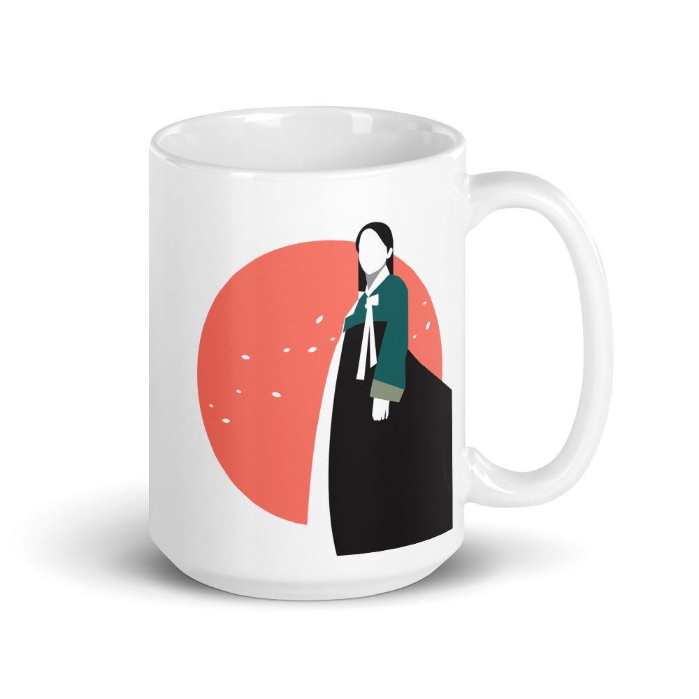 Woman in Korean Hanbok with Petals and Pink Sun Abstract Mug - Hot Like Kimchi
