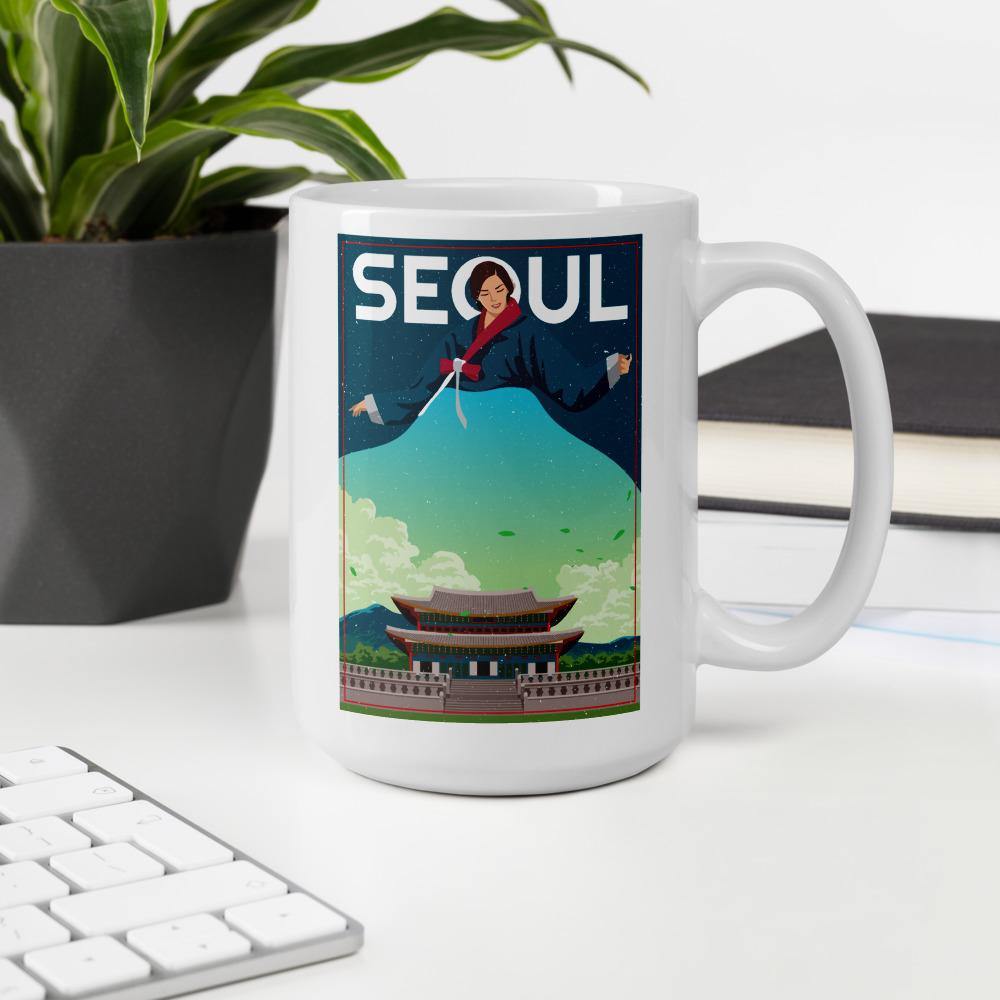 SEOUL Lady in Korean Hanbok Gyeongbokgung/Gyeongbok Palace 15 oz. Mug - Hot Like Kimchi