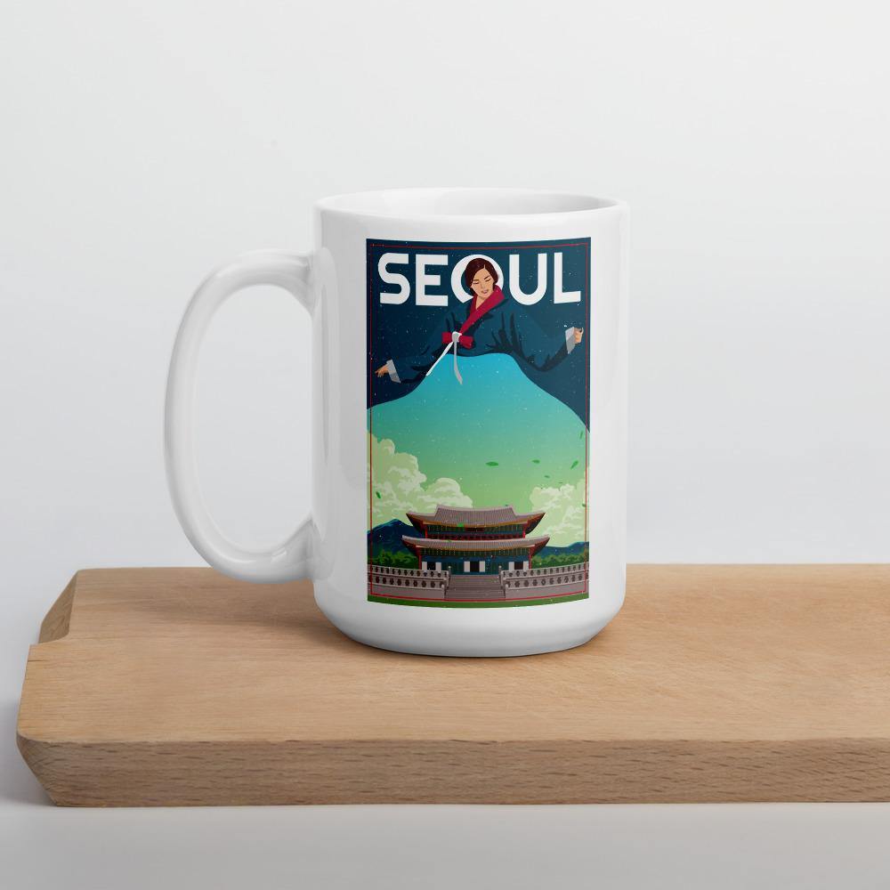 SEOUL Lady in Korean Hanbok Gyeongbokgung/Gyeongbok Palace 15 oz. Mug - Hot Like Kimchi