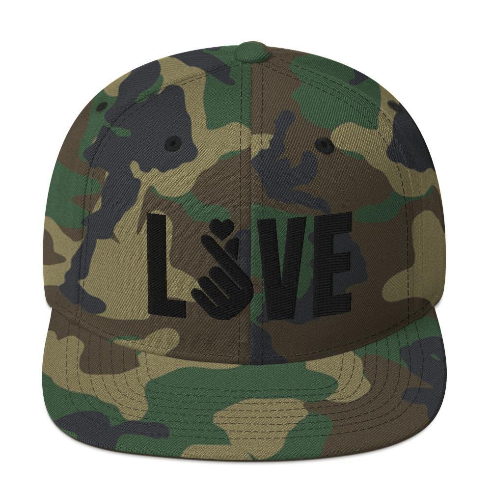 3D Puff Embroidered LOVE with Finger Heart (Black) Snapback Hat - Hot Like Kimchi