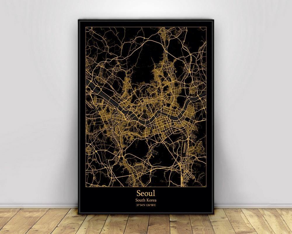 Seoul South Korea Black & Gold Map Wall Art - Hot Like Kimchi