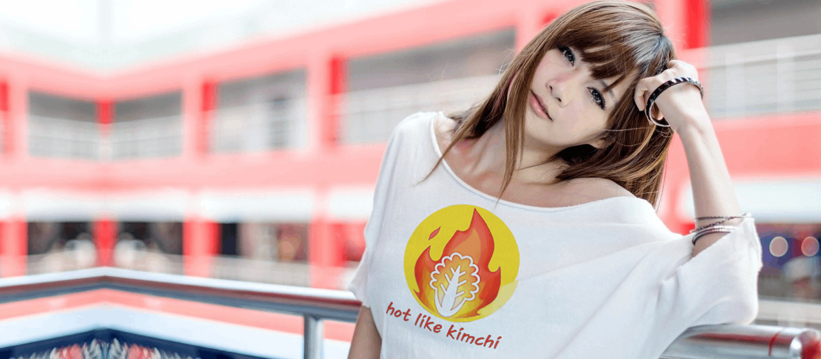 Woman wearing Hot Like Kimchi T-shirt