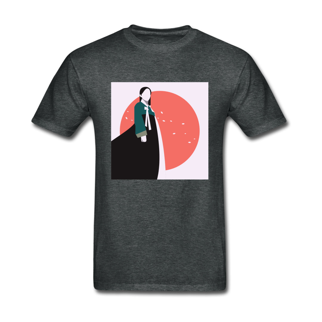 Woman in Korean Hanbok with Petals and Pink Sun Abstract- Unisex Ultra Cotton Adult T-Shirt