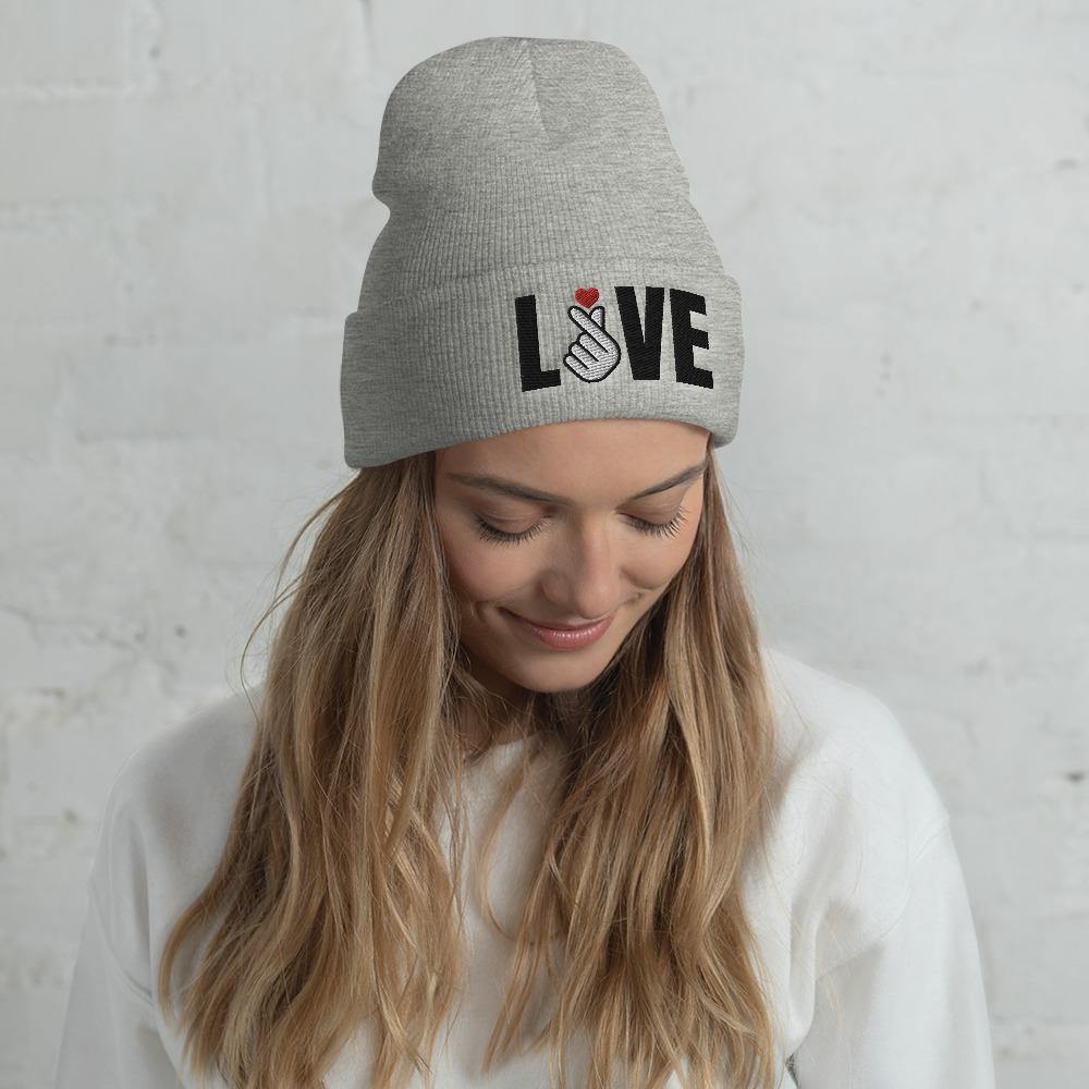 3D Puff Embroidered LOVE with Finger Heart Cuffed Beanie Cap - Hot Like Kimchi