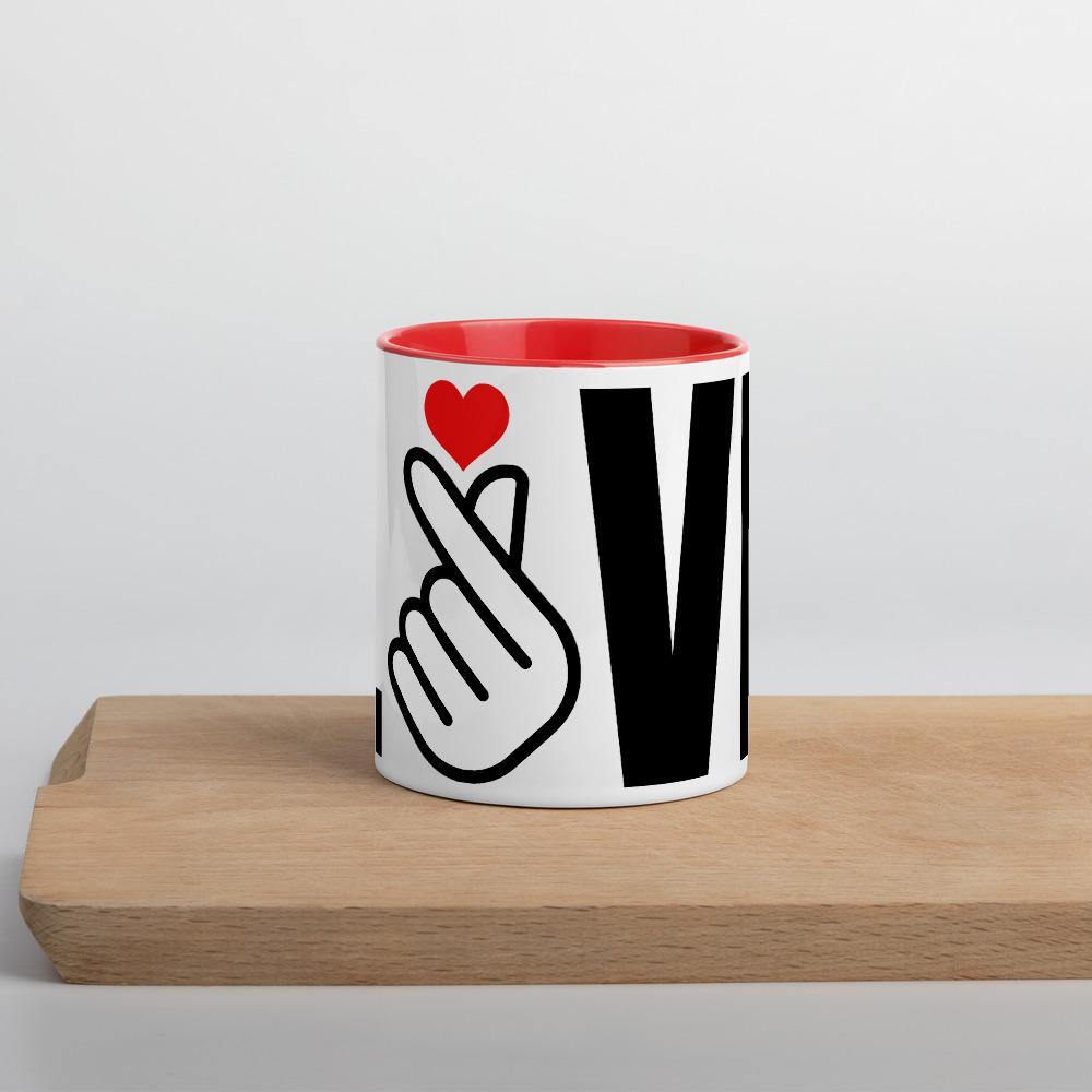Korean Panoramic LOVE with Finger Heart Gesture- Coffee Tea Mug with Color Inside - Hot Like Kimchi