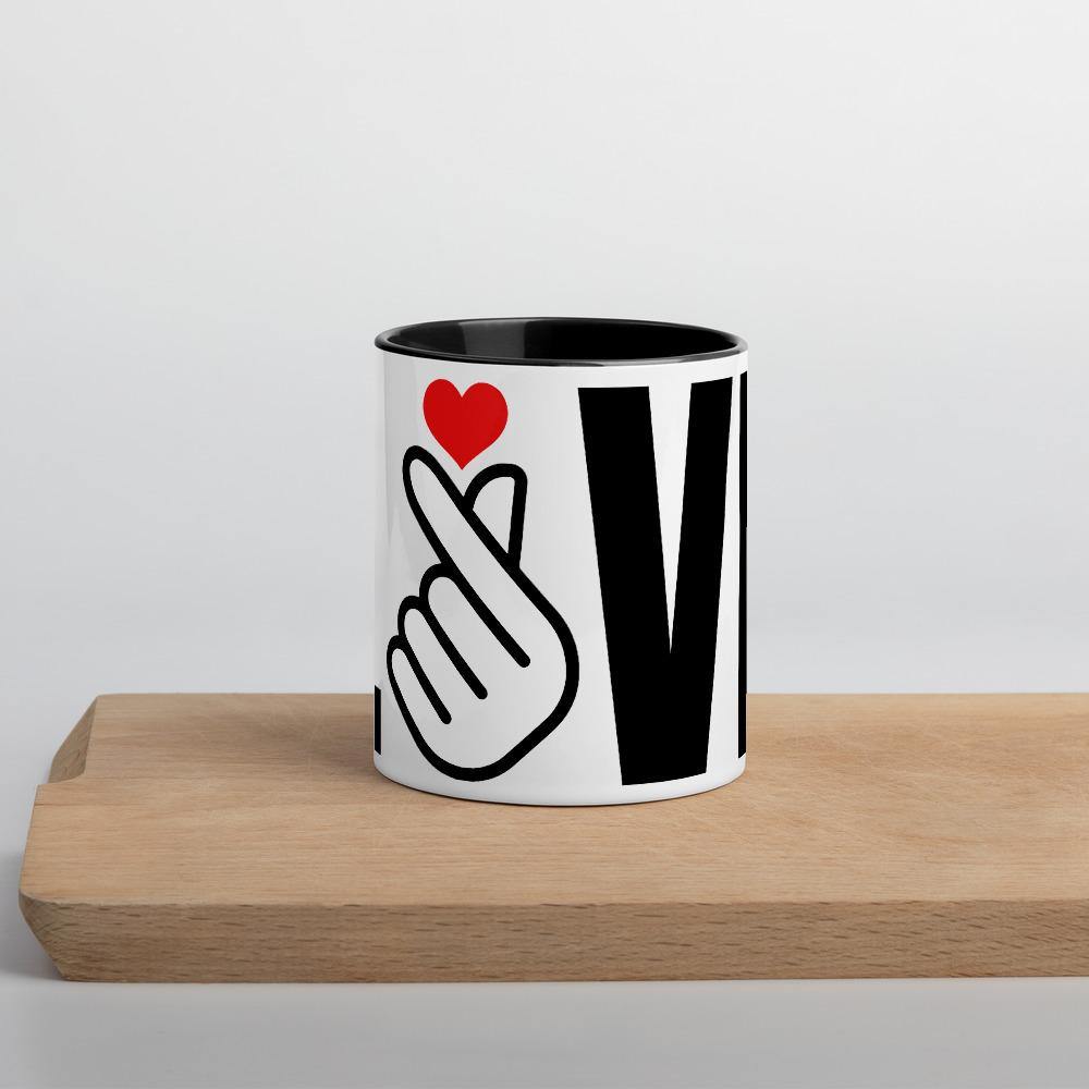 Korean Panoramic LOVE with Finger Heart Gesture- Coffee Tea Mug with Color Inside - Hot Like Kimchi
