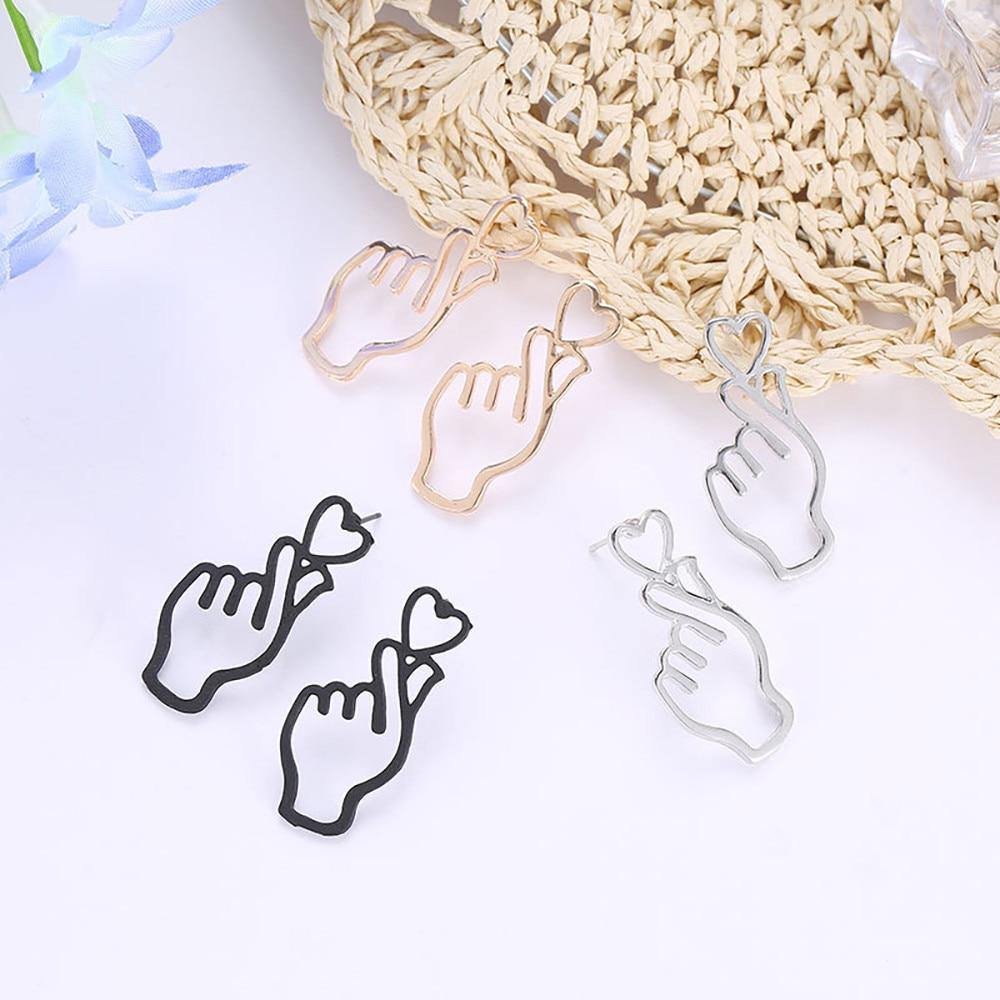 Hollowed Out Finger Heart Stud Dangle Earrings - Hot Like Kimchi