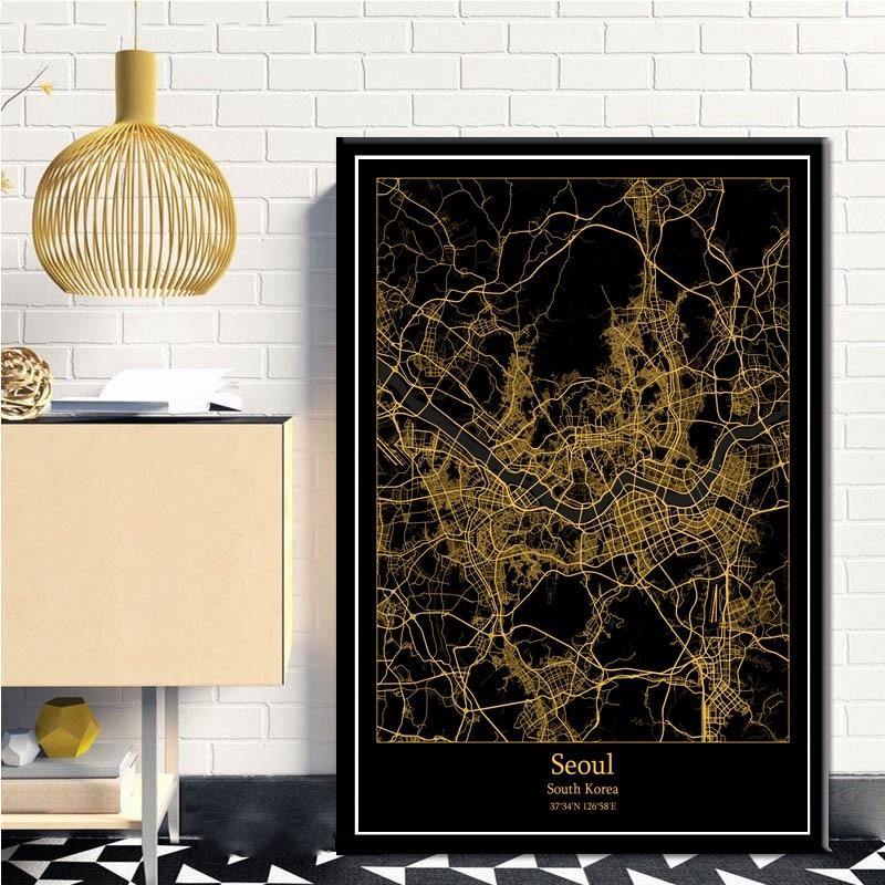 Seoul South Korea Black & Gold Map Wall Art - Hot Like Kimchi