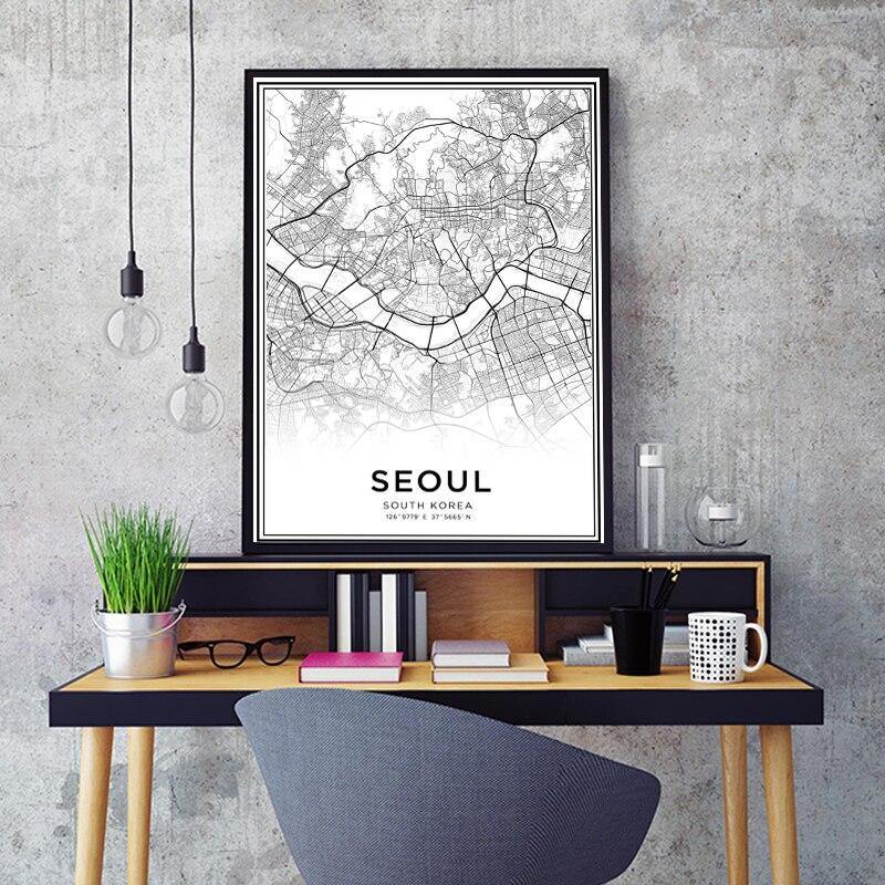 Latitude Longitude Seoul City Map Canvas Wall Art - Hot Like Kimchi