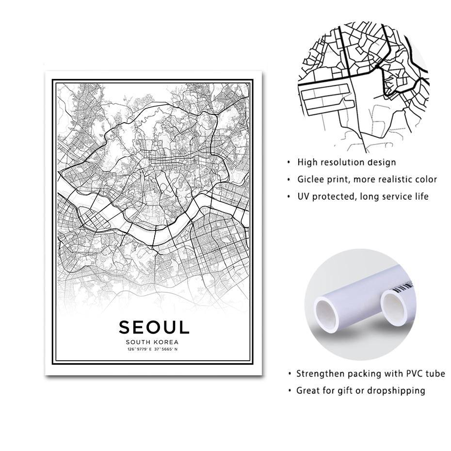 Latitude Longitude Seoul City Map Canvas Wall Art - Hot Like Kimchi