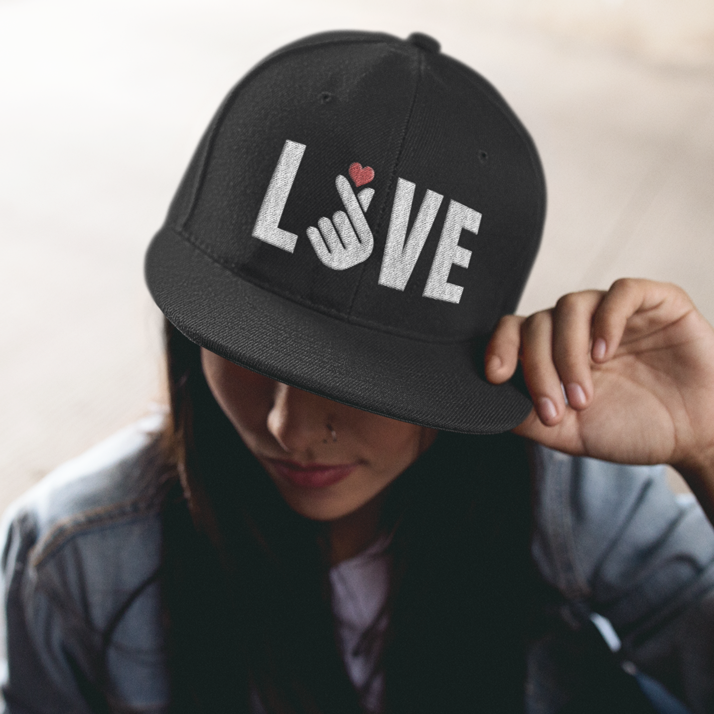 3D Puff Embroidered LOVE with Finger Heart (Pink Heart) Snapback Hat - Hot Like Kimchi